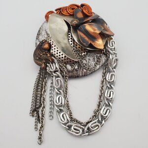WELL ISN'T THIS INTERESTING? Artisan Made Mixed Metals Pin Brooch Silver Copper